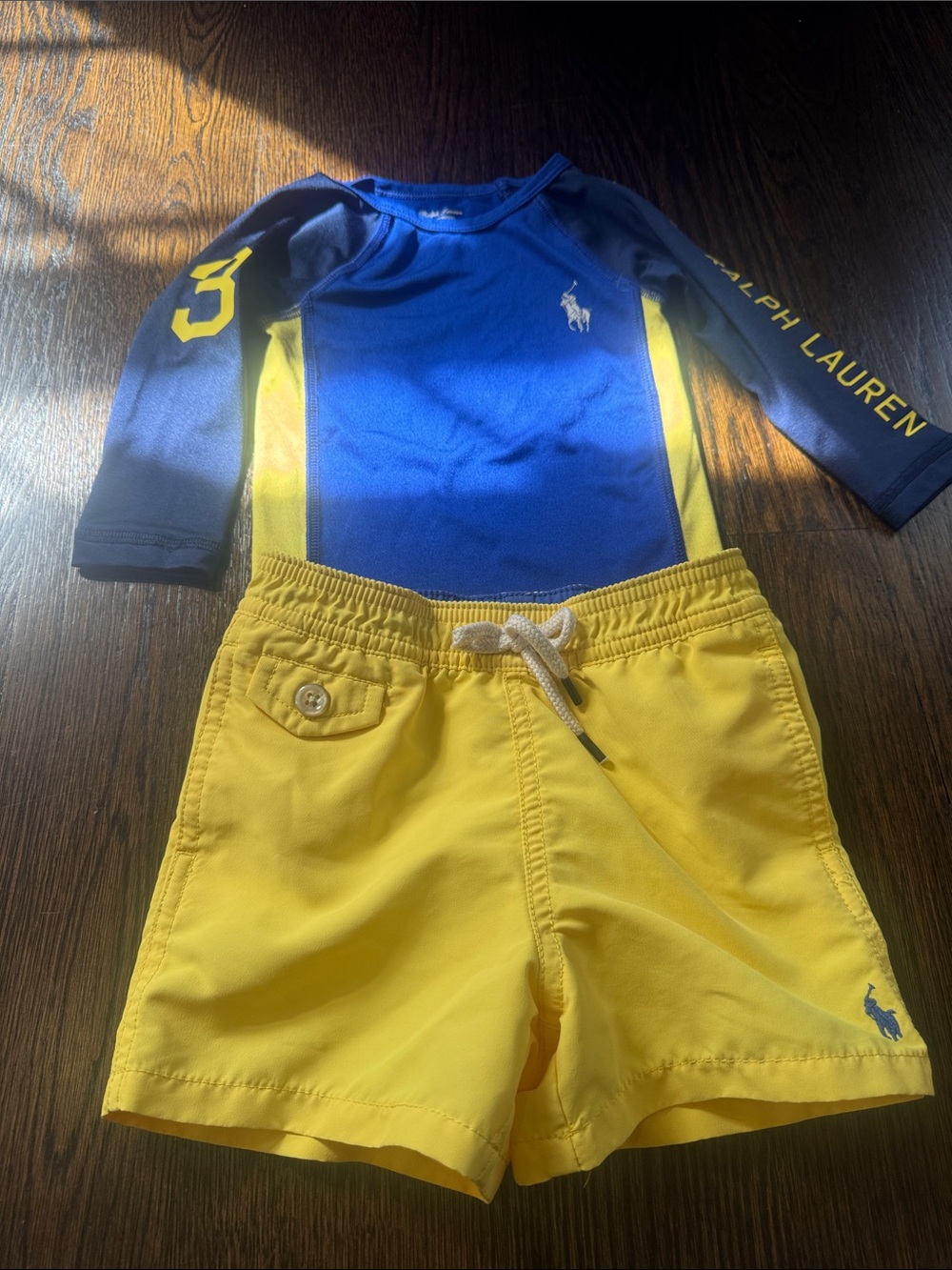 Ralph Lauren Blue & Yellow Boys Rash Guard Swim Set